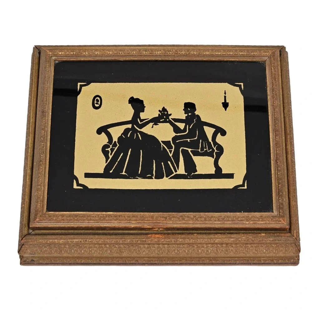 Vintage Silhouette Jewelry Box Wood Glass Top Love Scene Keepsake Victorian